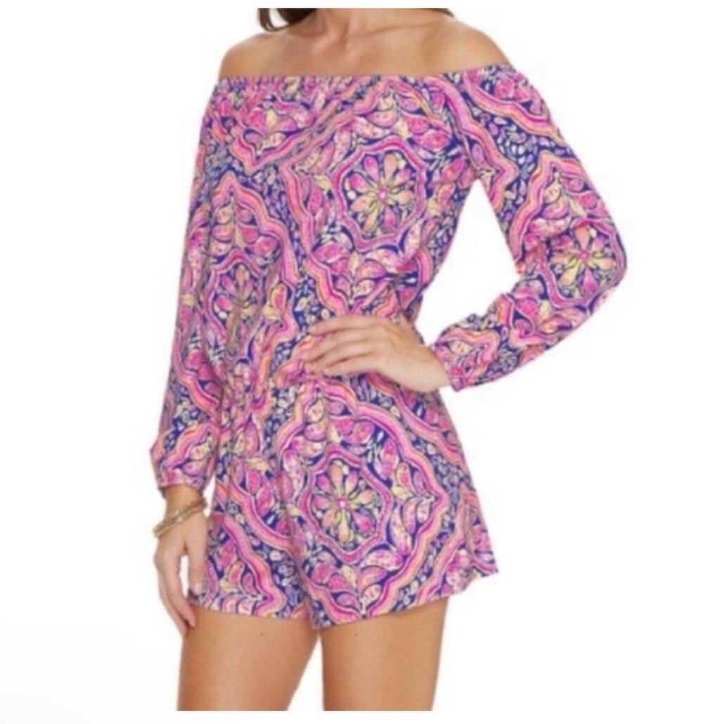 Lilly Pulitzer Lana Romper Womens XS Pink Can't Resist Off the Shoulder Cruise